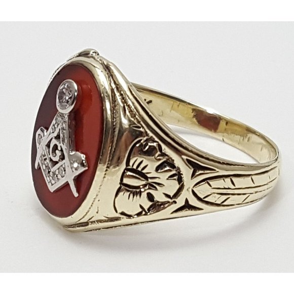 Vintage 14K Solid Two Tone Multi Color Gold Cornelian Masonic Diamond Ring - Picture 5 of 16